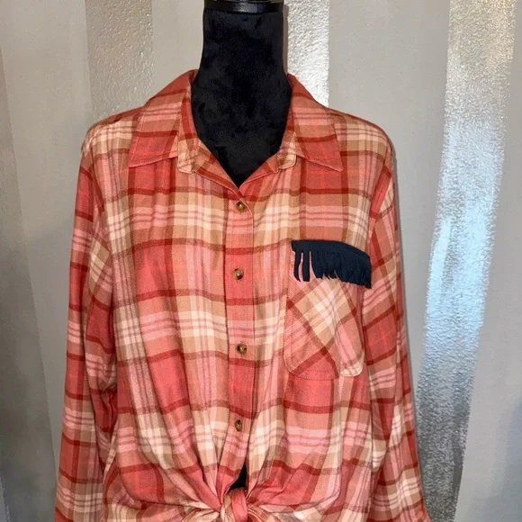 Urban Cowboy Flannel Shirt Rust/Peach Upcycled‎ Country Western Ladies - Picture 2 of 7